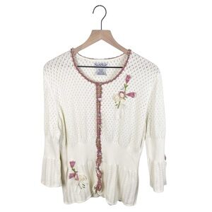 NorthStyle Womens Flower Embellished Cardigan Pointelle Knit Size XL Cottagecore
